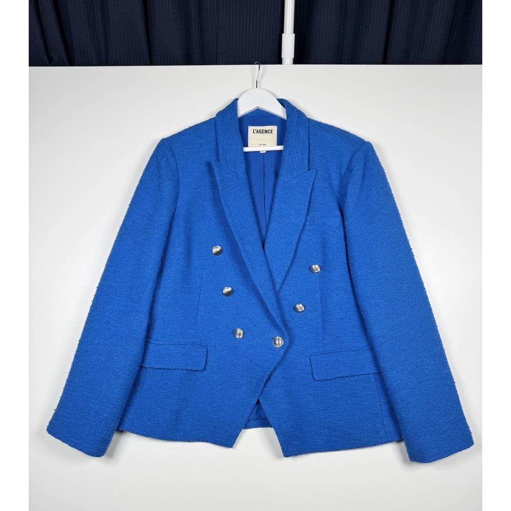 L'AGENCE Kenzie Double Breasted Tweed Blazer Jacket Blue - Women's 14 - Cotton